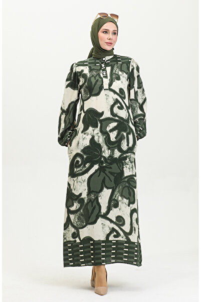 sefamerve Emerald Green Beige Viscose Dress - Half Buttoned, Color Garnished 0396-03