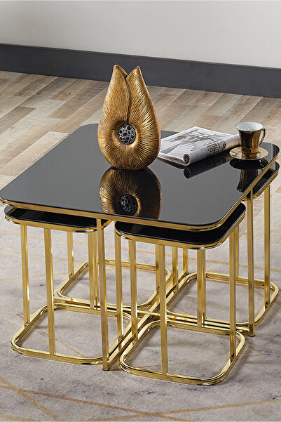 SEDAŞ LIVING UNITS 5 Li Iç Içe 4 1 Siyah Aynalı Temperli Cam Gold Metal Ayak ...