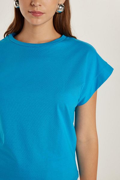 Tudors Tricou albastru pentru femei, slim fit, 100% bumbac, cu mânecă scurtă, cu decolteu