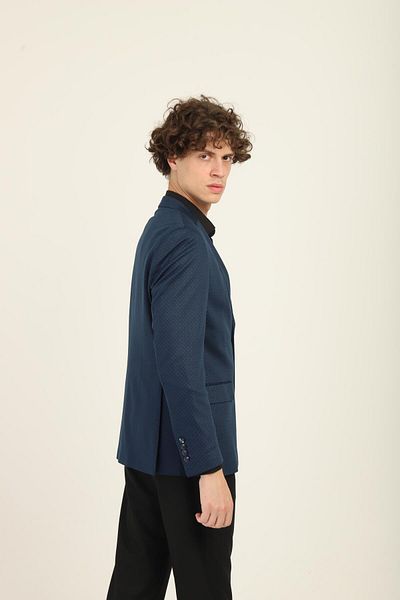 AGUSTİNİ Navy Blue Color Green Dot Pattern, Mono Collar Double Button Double Slit Single Jacket Slim Fit Pattern |   August