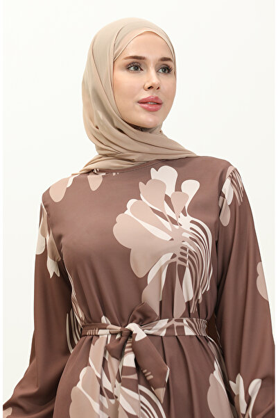 sefamerve Dijital Baskılı Büzgülü Elbise 1114-03 Kahverengi Vizon