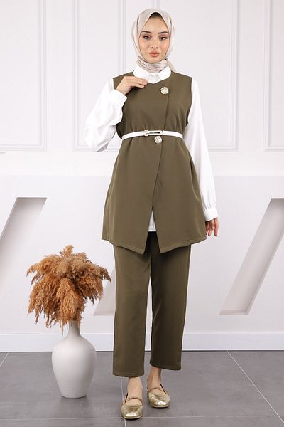 İmajButik Χακί Πουκάμισο Γιλέκο Παντελόνι Τριπλό Σετ Συνδυασμού