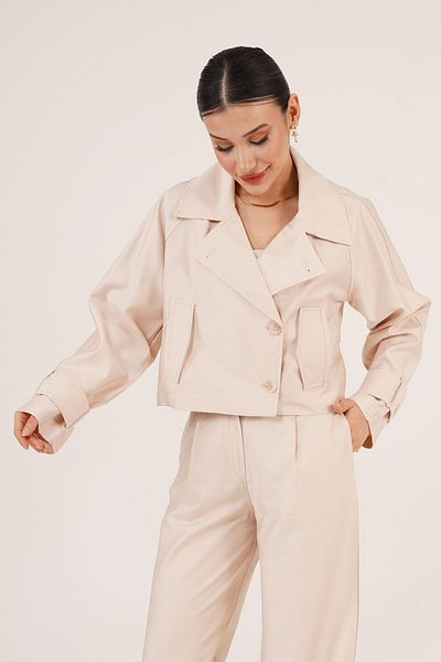 Hipo Trend Buttoned Lined Pocket Crop Trench Coat Beige