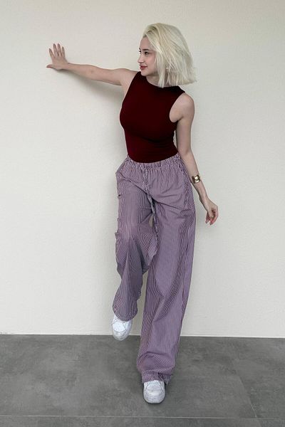 Madmext Burgundy Adjustable Waist Wide Leg Flowy Striped Pants Mg2087
