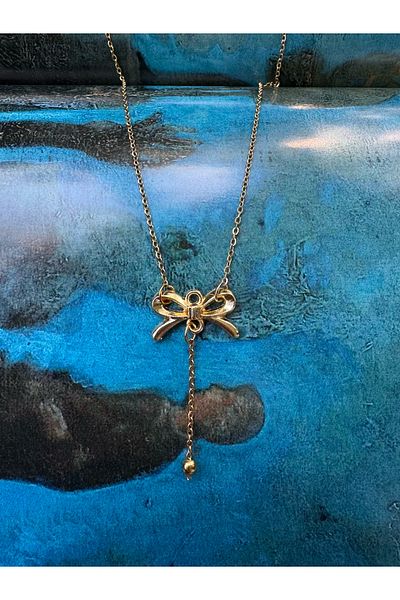 LAİKA Steel Bow Gold Color Y Necklace with Topcuk Detail Boxed Tarnish Free 45 cm