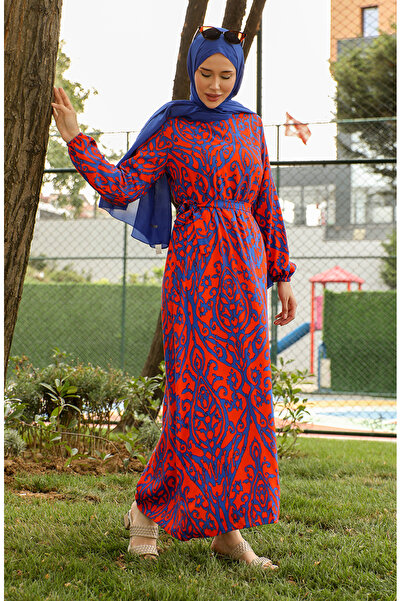 sefamerve Πορτοκαλί Navy Blue Viscose φόρεμα - με μοτίβο και φύλλο 0439-04