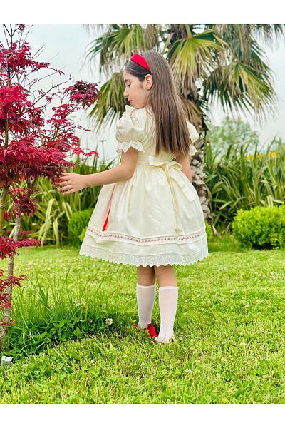 Hly Karol Tasarım Vintage Baby Girl Dress with Cream Red Ribbon, Special Tailored Girl Dress, Birthday Dress