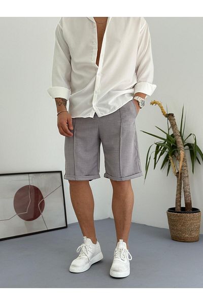 Combineman35 Gray Men's Grass Detailed Linen Summer Shorts