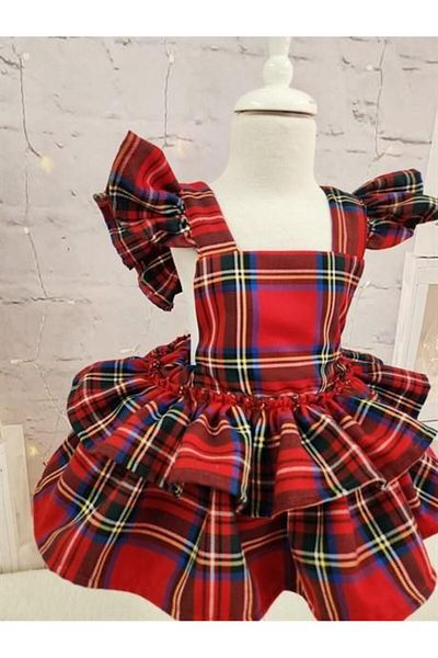 Hly Karol Tasarım Red Plaid Romper Baby Girl Dress, Special Tailored Girl's Dress, Birthday Dress, Photo