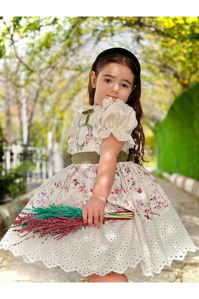 Hly Karol Tasarım Cream Spring Vintage Baby Girl Dress, Birthday Dress, Photo Shoot Dress, Suitable for Ages 0-12