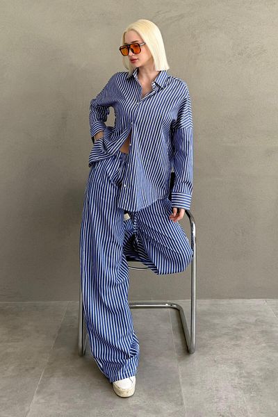 Madmext Navy Blue Striped Shirt Pants Women's Suit Mg2457
