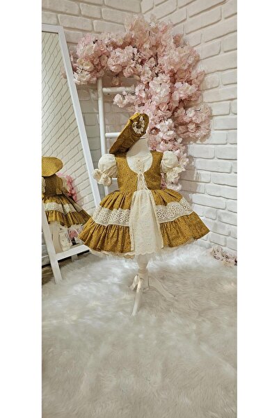 Hly Karol Tasarım Hardal Vintage Kız Bebek Elbisesi,Doğum günü elbise,fotoğraf çekim elbise,0-12 Yaş Uygun