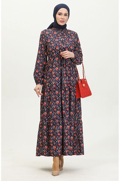 sefamerve Φόρεμα Navy Blue Rose Printed - 0401-04