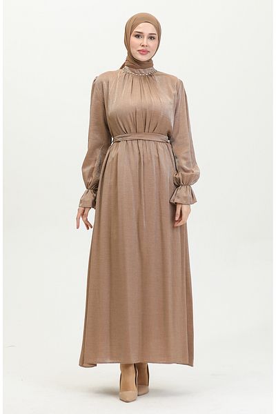 sefamerve Λινό Φόρεμα Tan - Glitter and Sashed 81853-02