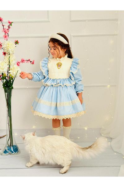 Hly Karol Tasarım Blue Ocean Vintage Baby Girl Dress,Birthday Dress,Photo Shoot Dress,Suitable for 0-12 Years Old