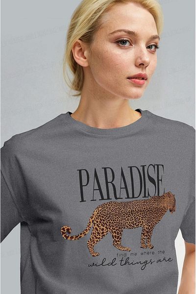 Millionaire Women's Gray Paradise Leopard Women's Short Sleeve Relax Fit Relaxed Cut Regular T-Shirt