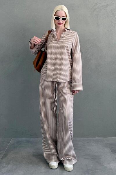 Madmext Camel Striped Shirt Pants Women's Suit Mg2457