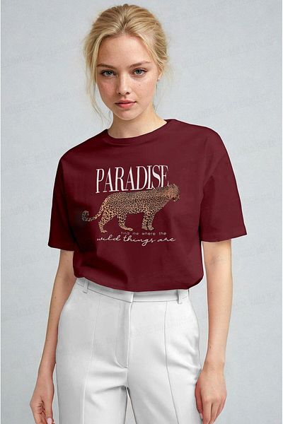 Millionaire Women's Burgundy Paradise Leopard Women's Short Sleeve Relax Fit Relaxed Cut Regular T-Shirt