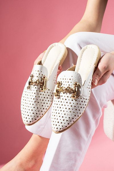 FUGA MODA Pavina White Laser Cut Skin Leather Slippers with Gold Accessories