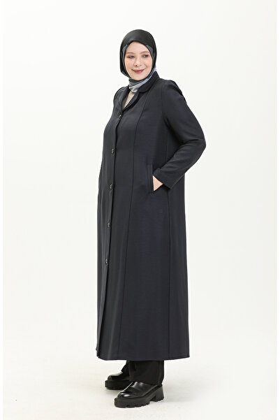 sefamerve Navy Blue Large Size Buttoned Lined Top Coat - 0422-03