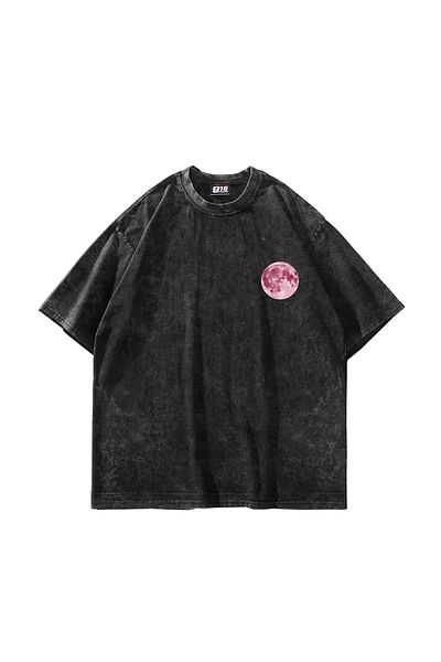 Sekizbiraltı Μαύρο μπλουζάκι με στάμπα Pink Moon Oversize Unisex Washable