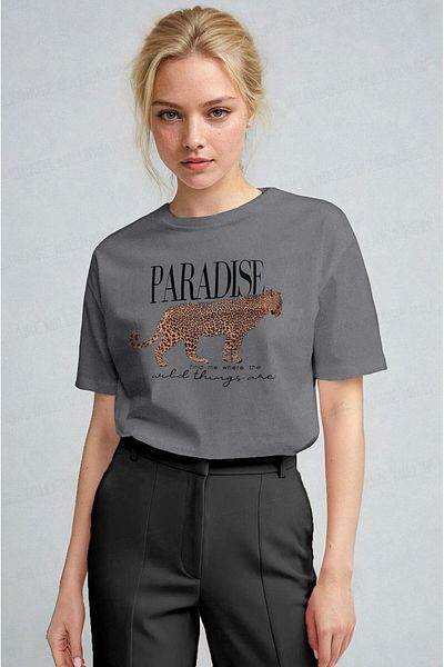 Millionaire Women's Gray Paradise Leopard Women's Short Sleeve Relax Fit Relaxed Cut Regular T-Shirt