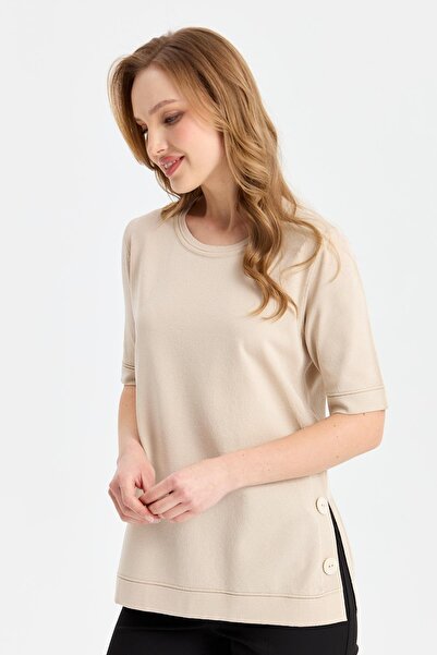 Desen Triko Γυναικεία μπλούζα με λαιμόκοψη με κουμπιά στο πλάι, λεπτή πλεκτή μπλούζα μπεζ