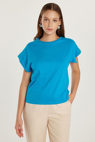 Tudors Tricou albastru pentru femei, slim fit, 100% bumbac, cu mânecă scurtă, cu decolteu