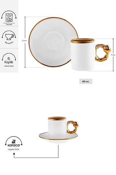 Karaca Coffee Cup Set for 6 People with Heart 80 ml