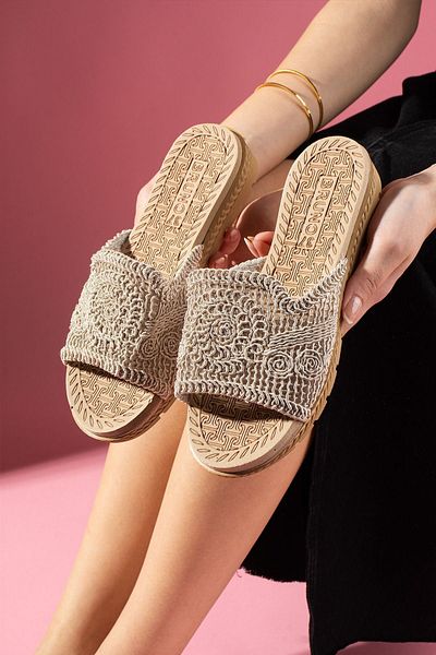 FUGA MODA Πλεκτές παντόφλες Tongo Beige μονό λουράκι