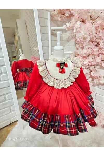 Hly Karol Tasarım Kırmızı Kareli Kız Bebek Elbisesi,doğum Günü Elbise,fotoğra...