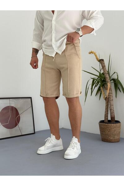 Combineman35 Μπεζ ανδρικό λινό καλοκαιρινό σορτς με λεπτομέρεια από γρασίδι