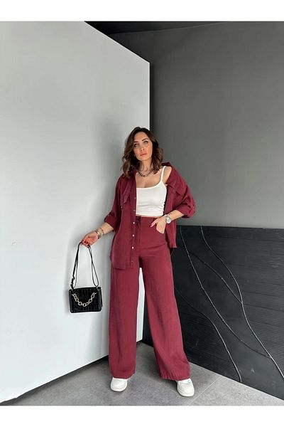 QİMYA BUTİK Egzoti̇k Asortik Women's V-Neck Large Pocket Snap Detailed Waist Elastic Back Pants Slim Shirt & P