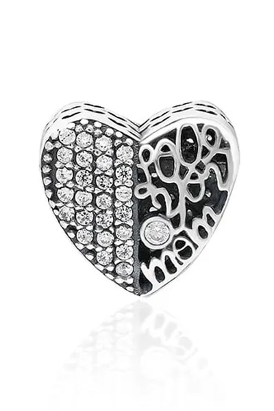 Fubena Yerli Üretim I Love You Mom Yazılı Kalp Gümüş Charm