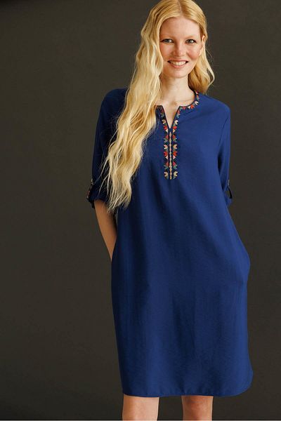 Desen Triko Women's Ethnic Pattern Embroidered Linen Dress Navy Blue