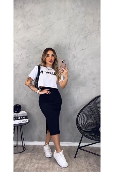 ZZ Cotton Fabric Short Sleeve Blouse & Slit Pencil Skirt Bottom Top Set