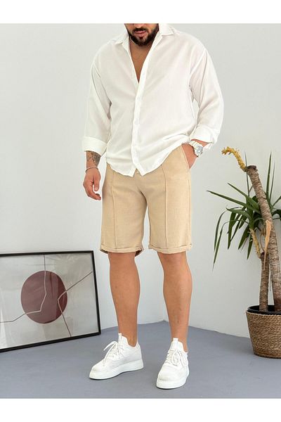 Combineman35 Beige Men's Grass Detailed Linen Summer Shorts