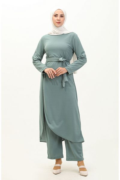 sefamerve Mint Green Tunic and Pants Σετ δύο τεμαχίων - Λεπτομέρεια με σχισμή 0664-06