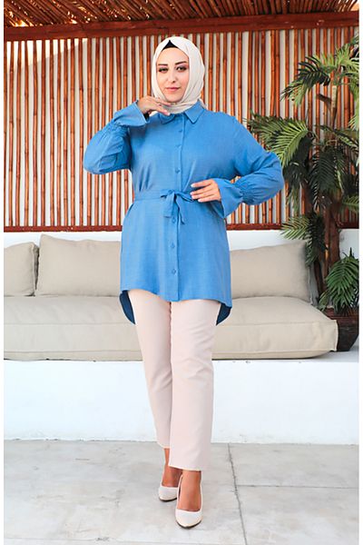 sefamerve Indigo Large Size ζωσμένο χιτώνα - 2033-02