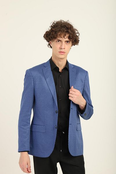 AGUSTİNİ Blue Color Self Pattern Mono Collar Two Buttons Double Slits Single Jacket Medium Fit Tooling |   Agustini