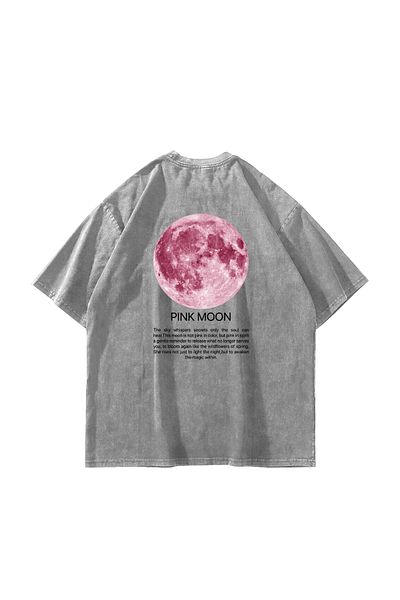 Sekizbiraltı Λευκό μπλουζάκι με στάμπα Pink Moon Oversize Unisex Washed