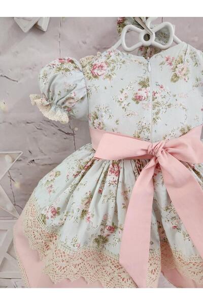 Hly Karol Tasarım Mint Yeşili Somon Güllü Vintage Bebek Elbise,Doğum günü elbise,fotoğraf çekim elbise,0-12 Yaş Uygun