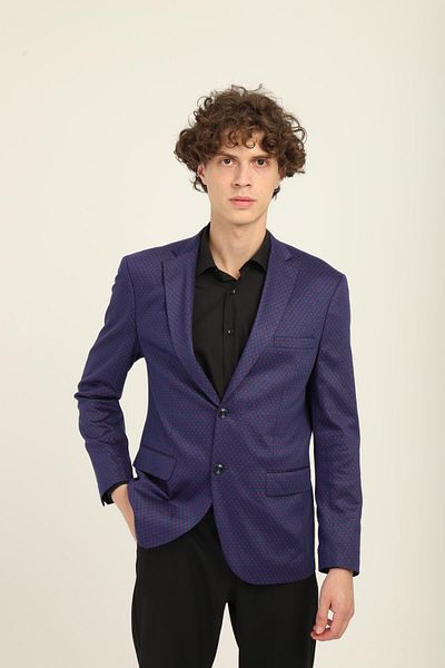 AGUSTİNİ Navy Blue Color Claret Red Dot Pattern, Mono Collar Two Buttons Double Slits Single Jacket Medium Fit Pattern |   August
