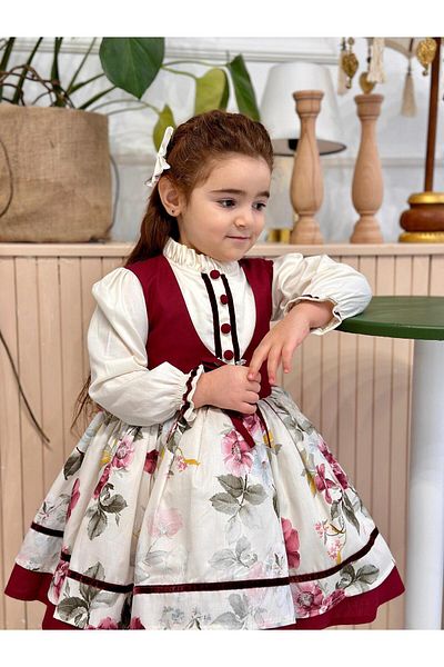 Hly Karol Tasarım Cream Burgundy Vintage Baby Girl Dress, Birthday, Photo Shoot Dress, Suitable for 0-10 Years Old