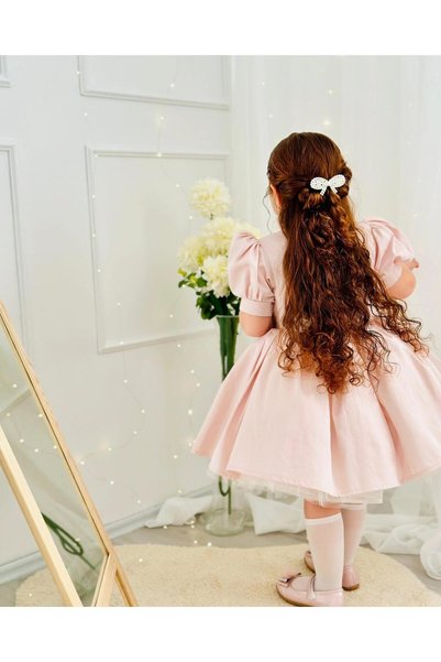 Hly Karol Tasarım Powder Pink Pearl Vintage Baby Girl Dress, Birthday, Photo Shoot Dress, Suitable for 0-12 Years