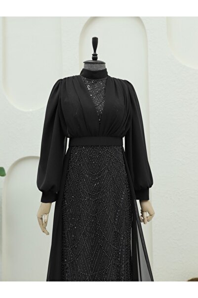 HİJABAYA Boncuk Ve Pul Detaylı Kemerli Şifon Abiye