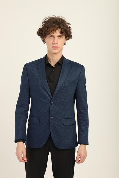 AGUSTİNİ Navy Blue Color Green Dot Pattern, Mono Collar Double Button Double Slit Single Jacket Slim Fit Pattern |   August