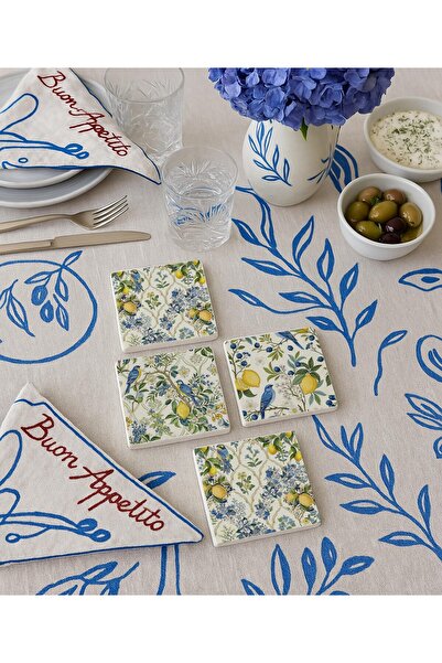 arslart Lemon and Bird Patterned Natural Stone Coasters Set of 4, Summer Seas...
