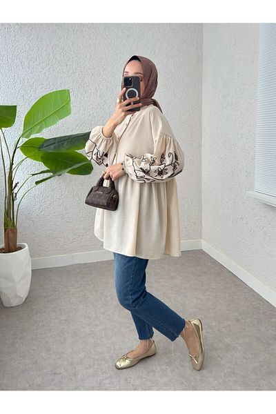 HİJABAYA Embroidered Piece Tunic with Half Buttoned Sleeves and Elastic Sleeves