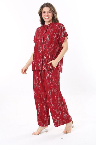Şans Set Bluză Roșu Claret și Panyolon Elastic Marime Plus - 65N37971